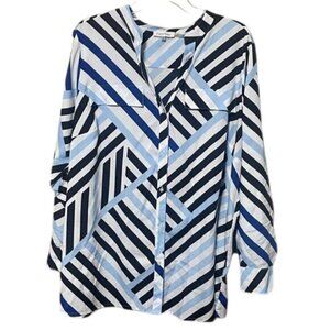 Calvin Klein Women's Woven Split V-Neck Geo Roll-Tab Sleeve Button Front Top 1X